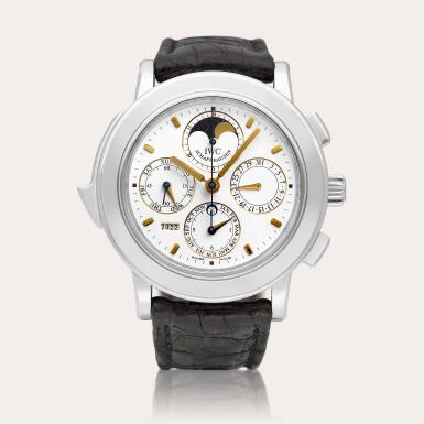 View full screen - View 1 of Lot 2142. Grande Complication, Reference IW3770 A limited edition platinum minute repeating perpetual calendar chronograph wristwatch with moon phases, Circa 1990 | 萬國 | GRANDE COMPLICATION 型號IW3770 | 限量版鉑金三問萬年曆計時腕錶,備月相顯示,約1990年製.