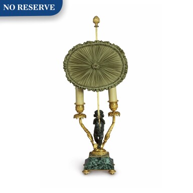 View full screen - View 1 of Lot 294. A LOUIS XVI STYLE GILT AND PATINATED BRONZE TWO-LIGHT DESK LAMP, 19TH CENTURY.