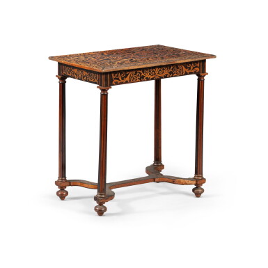View full screen - View 1 of Lot 121. A blackened wood veneered table de milieu, in the taste of Pierre Gole, Louis XIV style, 19th century | Table de milieu en placage de bois noirci de style Louis XIV, dans le goût de Pierre Gole, XIXe siècle.