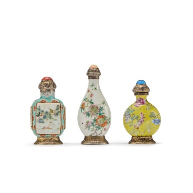 View full screen - View 1 of Lot 239. A Set of Three French Silver-Mounted Chinese Porcelain Snuff Bottles, Retailed by Cartier, Early 20th Century.