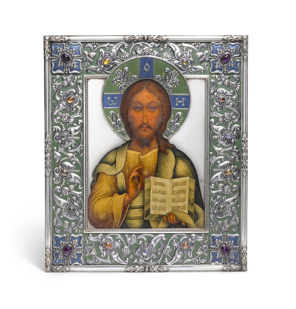 View full screen - View 1 of Lot 214. A RARE AND IMPORTANT FABERGÉ GEM-SET SILVER AND EN PLEIN ENAMEL ICON OF CHRIST PANTOKRATOR, MOSCOW, 1908-1917.