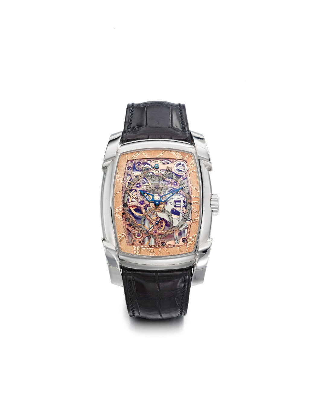 View full screen - View 1 of Lot 57. PARMEGIANI FLEURIER | KALPA XL HEBDOMADAIRE SQUELETTE A LIMITED EDITION PALLADIUM RECTANGULAR SKELETONIZED WRISTWATCH WITH 8-DAY POWER RESERVE INDICATION, CIRCA 2006.