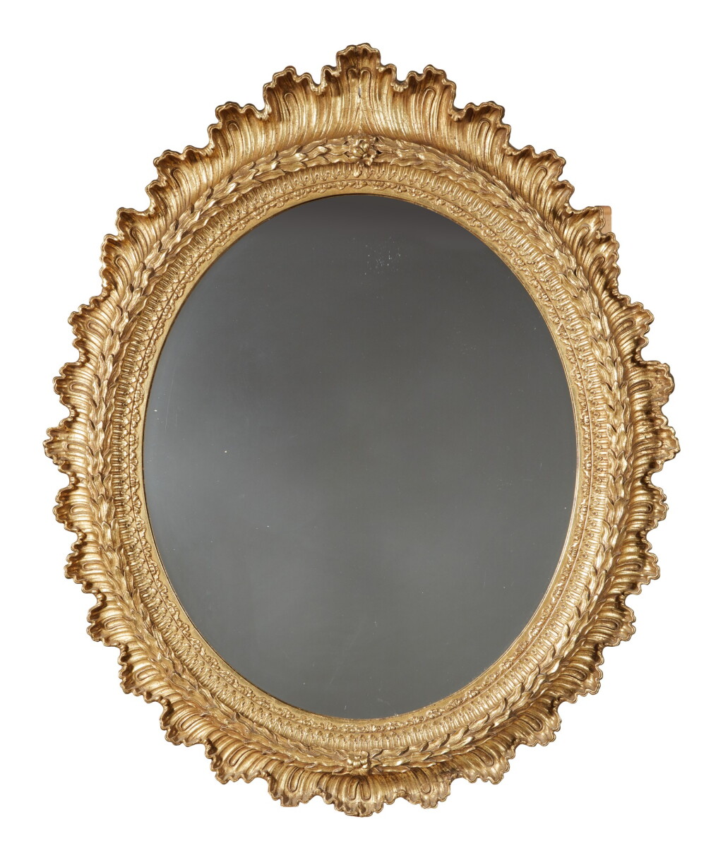 View full screen - View 1 of Lot 140. A CONTINENTAL OVAL GILTWOOD MIRROR.