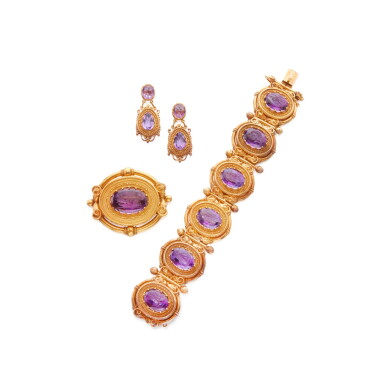 View full screen - View 1 of Lot 218. Gold and Amethyst Suite of Jewels.