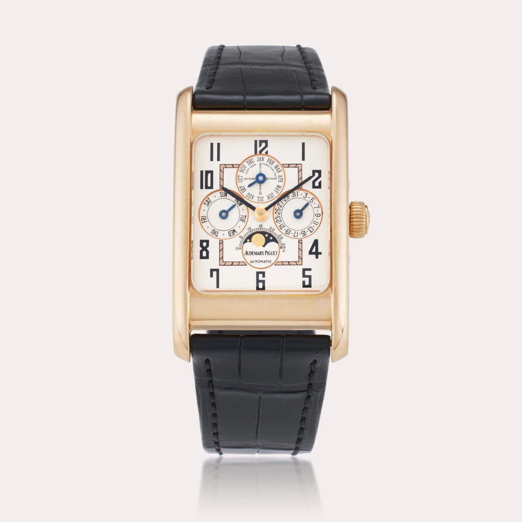 View full screen - View 1 of Lot 129. Reference 25799OR Edward Piguet Quantième Perpétuel | A pink gold rectangular automatic perpetual calendar wristwatch with leap year indication and moon phases, Circa 1998.