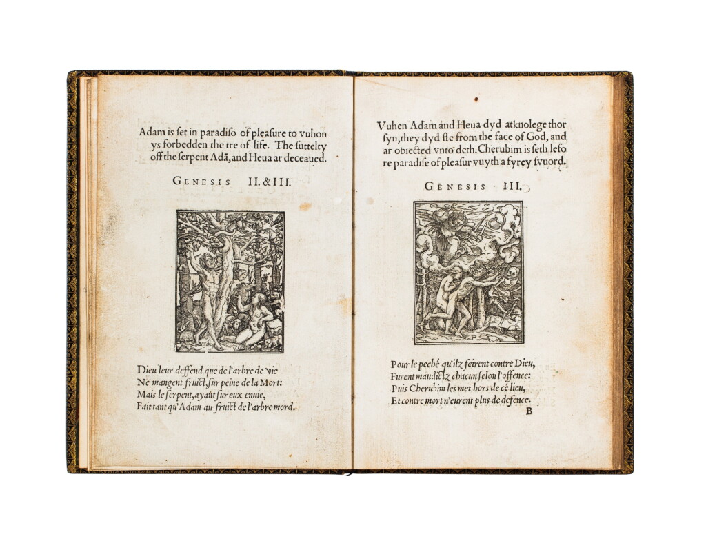 View full screen - View 1 of Lot 27. The Images of the Old Testament. Lyon, Frellon, 1549. Première édition en anglais. Maroquin bleu du XIXe siècle. .