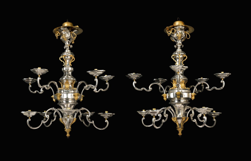 View full screen - View 1 of Lot 13. A magnificent pair of Sicilian ten-light silver and gilt bronze chandeliers, assay master Nunzio Gino, Palermo, 1758.