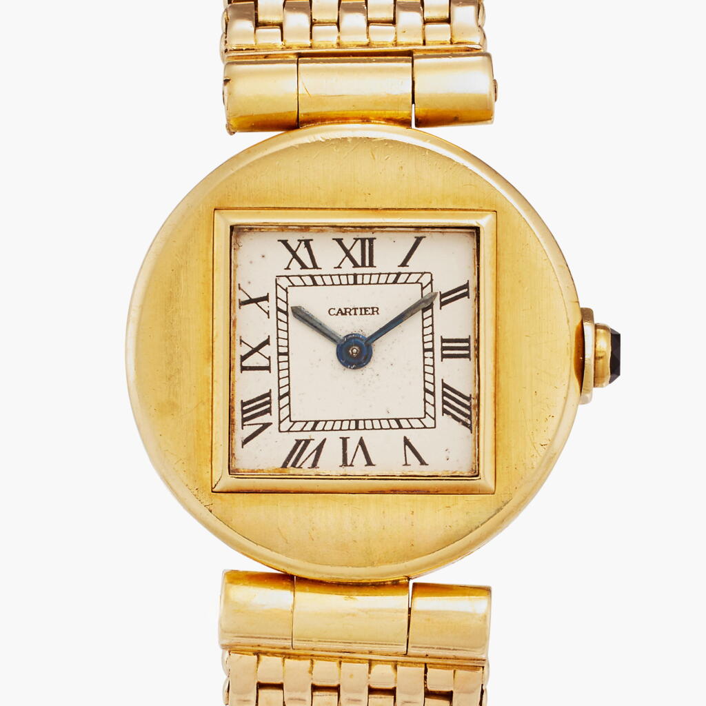 View full screen - View 1 of Lot 58. Pebble | New York retailed: A very rare yellow gold wristwatch with geometric off-set dial, Circa 1945 .