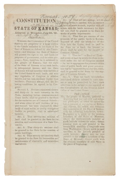 View full screen - View 1 of Lot 28. Kansas | The Wyandot Constitution of free Kansas.