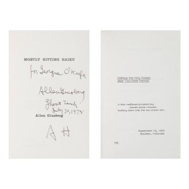 View full screen - View 1 of Lot 51. ALLEN GINSBERG | MOSTLY SITTING HAIKU. (PATERSON, NEW JERSEY: FROM HERE PRESS, 1978); PRESENTATION COPY.