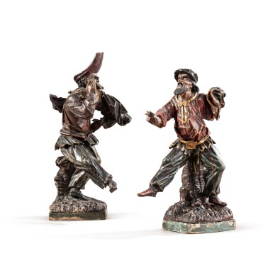 View full screen - View 1 of Lot 347. Venetian, circa 1750, Pulcinella & Harlequin | Venise, vers 1750, Polichinelle et Arlequin.