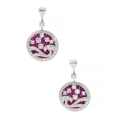 View full screen - View 1 of Lot 1109. Pair of ruby and diamond earrings.