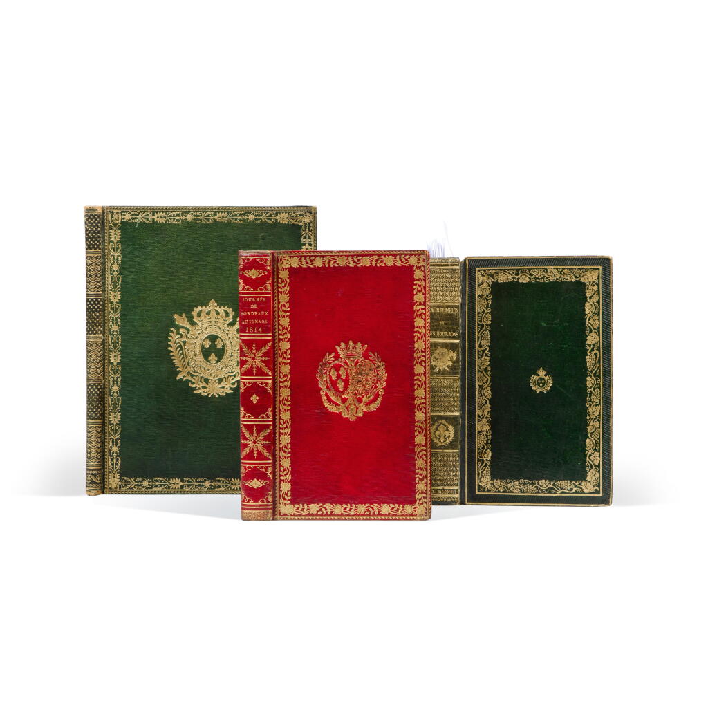 View full screen - View 1 of Lot 522. 16 ouvrages en 3 volumes maroquin aux armes de la duchesse de Berry ou de Louis XVIII. .