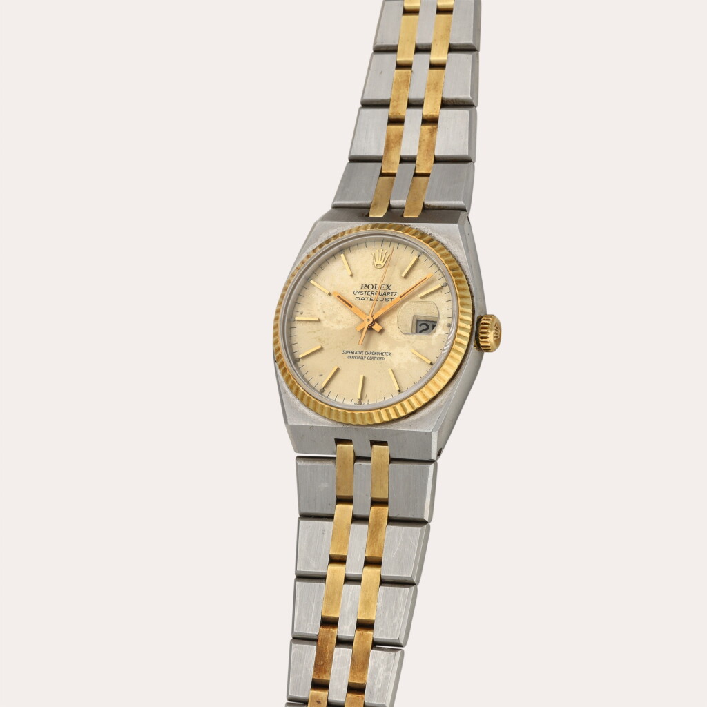 View full screen - View 1 of Lot 327. Oysterquartz Datejust, Reference 17013 | A yellow gold and stainless steel wristwatch with date and bracelet | Circa 1980.