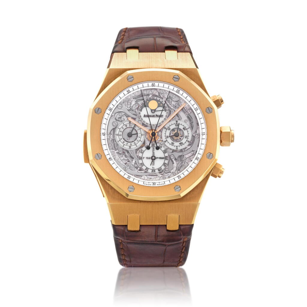View full screen - View 1 of Lot 98. Royal Oak Grand Complication Reference 26065OR, A rare and impressive pink gold skeletonized minute repeating perpetual calendar split-seconds chronograph wristwatch with leap year and week indication, and moon phases, Circa 2005 愛彼 26065OR 型號 Royal Oak Grand Complication 罕有粉紅金鏤空三問萬年曆追針計時腕錶備閏年、星期及月相顯示,約2005年製.
