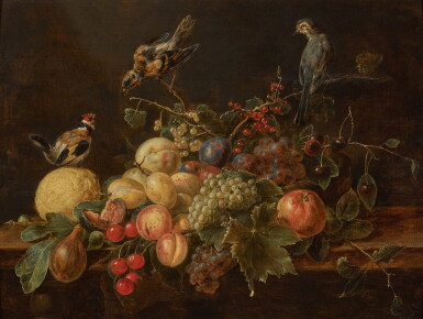 View full screen - View 1 of Lot 126. Still life of grapes, peaches, cherries, plums, figs, red and white currants, a lemon and other fruit on a table with three birds.