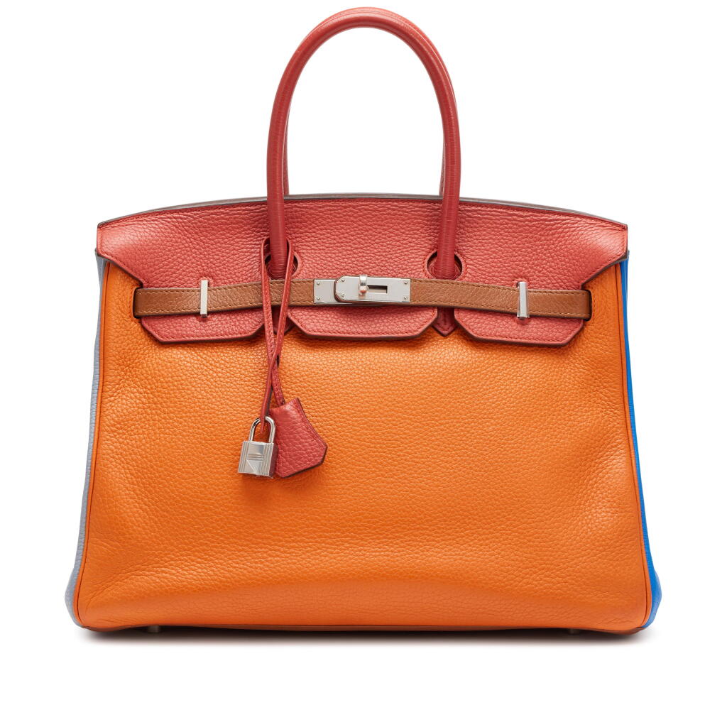 View full screen - View 1 of Lot 202. Limited Edition Orange H, Etain, Sanguine, Bleu Hydra, Marron d'Inde and Bleu Lin Togo Birkin 35 Arlequin Palladium Hardware, 2013.