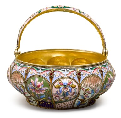 View full screen - View 1 of Lot 158. A silver and cloisonné enamel sugar basket, Maria Semenova, Moscow, 1899-1908.