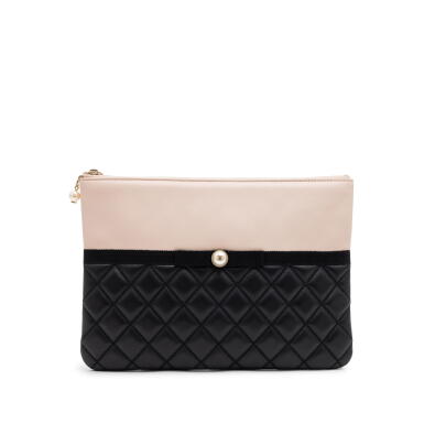 View full screen - View 1 of Lot 87. Pink and Black Quilted Lambskin Faux Pearl Clutch Gold Hardware, 2016-2017.