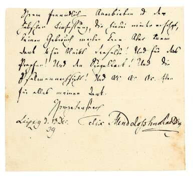 View full screen - View 1 of Lot 24. F. Mendelssohn. Unpublished autograph letter to his publisher Friedrich Kistner, Leipzig, 18 December 1839.