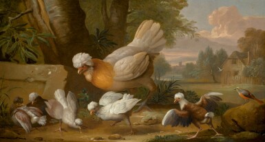 View full screen - View 1 of Lot 129. STUDIO OF JAKOB BOGDÁNY | HEN, CHICKS AND A CHAFFINCH, A COTTAGE BEYOND.