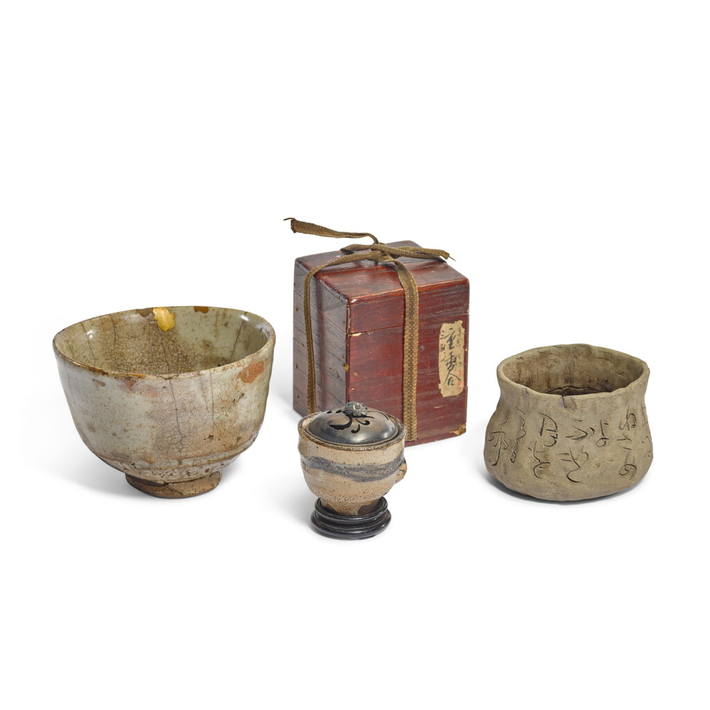 View full screen - View 1 of Lot 140. A 'Chosen Karatsu' chawan, a 'Karatsu' koro, and a 'Rengetsu' kensui, Momoyama - Edo period, late 16th - 19th century.