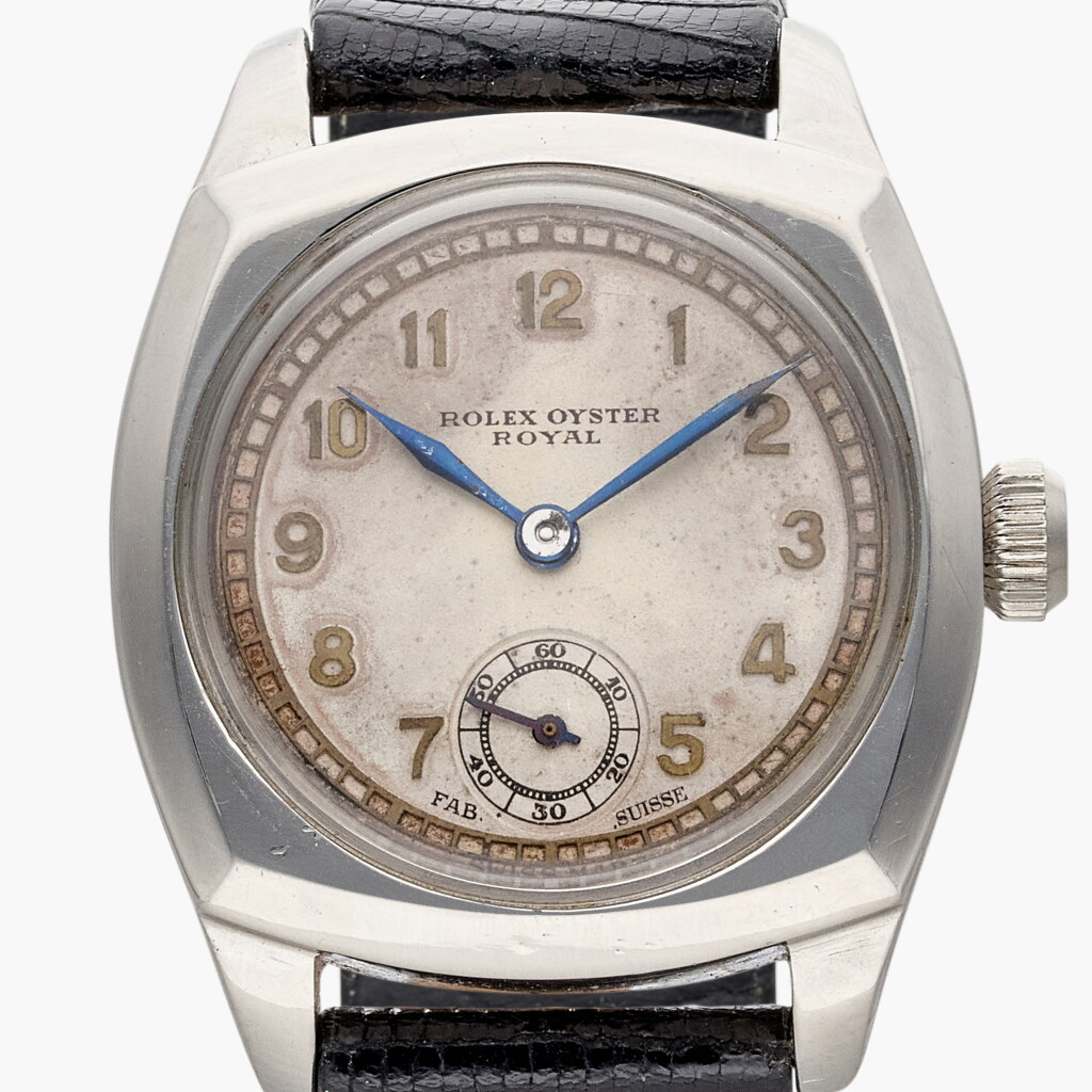 View full screen - View 1 of Lot 598. Reference 3139 Oyster Royal 'Military' | A stainless steel cushion shaped wristwatch, Circa 1941.