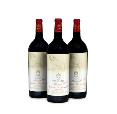 View full screen - View 1 of Lot 596. Three magnums Château Mouton Rothschild, 1993, the label reproducing a drawing by Balthus | Trois magnums, château Mouton Rothschild, 1993, l'étiquette reproduisant un dessin de Balthus.