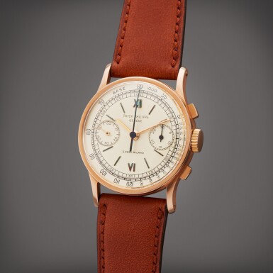 View full screen - View 1 of Lot 34. Reference 130 | Retailed by Gobbi Milano: A pink gold chronograph wristwatch, Made in 1953.