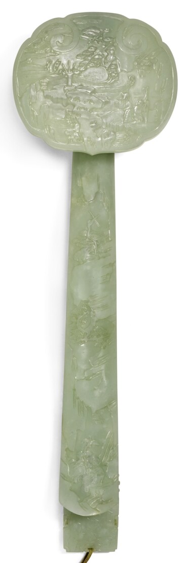 View full screen - View 1 of Lot 311. A PALE CELADON JADE RUYI SCEPTRE | 青白玉松鶴延年紋如意.