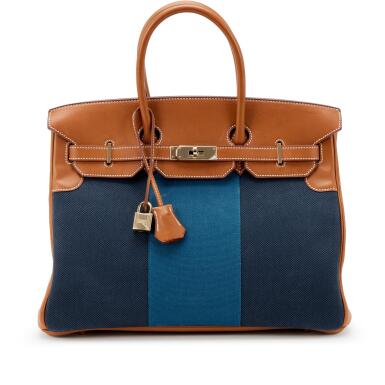 View full screen - View 1 of Lot 15. Fauve Barenia and Denim Foncé Toile Flag Birkin 35 Permabrass Hardware, 2015.