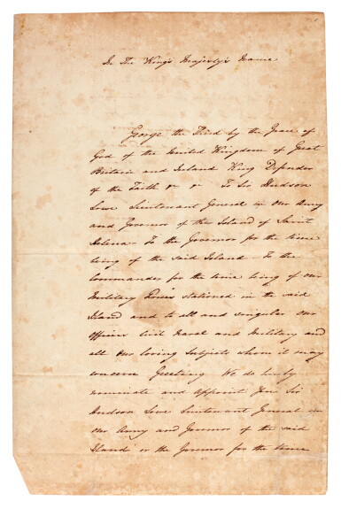 View full screen - View 1 of Lot 9. BATHURST | warrant, appointing Sir Hudson Lowe jailer to Napoleon, 1816.