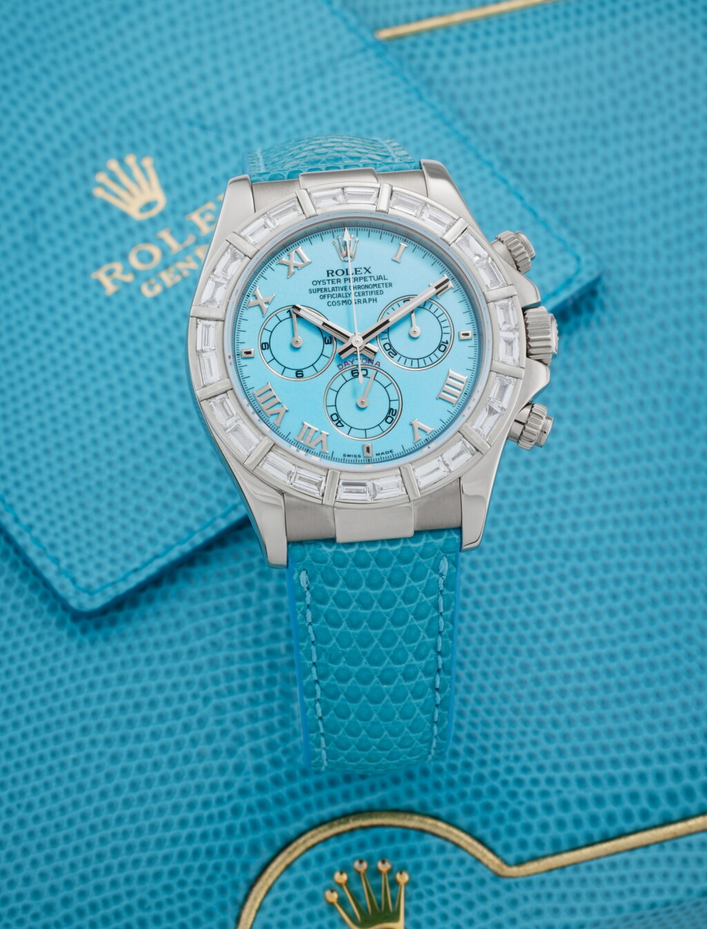 View full screen - View 1 of Lot 47. Reference 116589 Daytona 'Turquoise' | A possibly unique white gold and diamond-set automatic chronograph wristwatch with turquoise dial, Circa 2000.