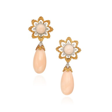 View full screen - View 1 of Lot 430. Pair of Two-Color Gold and Coral Pendant-Earclips.