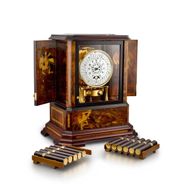 View full screen - View 1 of Lot 2140. Atmos du Millénaire Marqueterie | A limited edition marquetry wood cased gilt metal clock with 1000 year calendar and moon phases, Circa 2002 | 積家 | Atmos du Millénaire Marqueterie | 限量版細木鑲嵌鍍金金屬製座鐘,備千年歷及月相顯示,約2002年製.