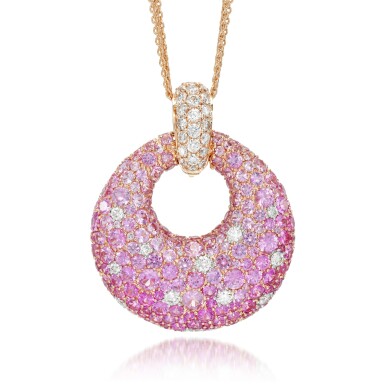 View full screen - View 1 of Lot 15. PINK SAPPHIRE AND DIAMOND PENDANT NECKLACE.