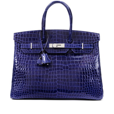 View full screen - View 1 of Lot 644. Bleu Electrique Shiny Porosus Crocodile Birkin 35 Palladium Hardware, 2012.