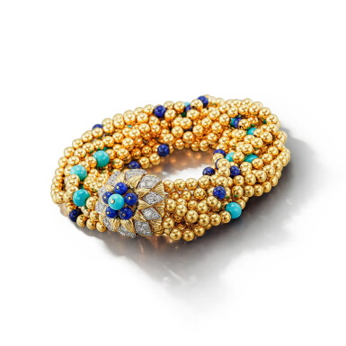 View full screen - View 1 of Lot 224. Turquoise, Lapis Lazuli and Diamond Bracelet | 梵克雅寶 | 綠松石 配 青金石 及 鑽石 手鏈.
