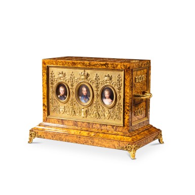 View full screen - View 1 of Lot 562. A Charles X gilt-bronze mounted elmwood and satinwood, ivory letter box, for the duchesse de Berry, by Alphonse Giroux the miniatures by Emilie de Lorme, circa 1826 | Coffret de la duchesse de Berry en placage de loupe d'orme, citronnier, ivoire et bronze doré, d’époque Charles X, vers 1826 par Alphonse Giroux, les miniatures par Emilie de Lorme.