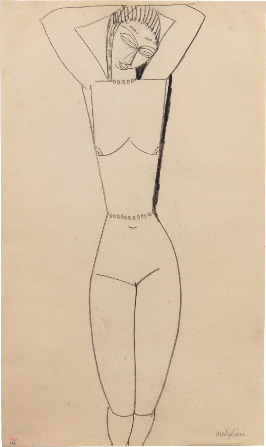 View full screen - View 1 of Lot 35. Femme nue de face, mains sur la tête, inclinée à gauche, collier et ceinture de perles.