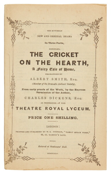 View full screen - View 1 of Lot 122. Dickens, The Cricket on the Hearth...Dramatized by Albert Smith, 1845, first edition .