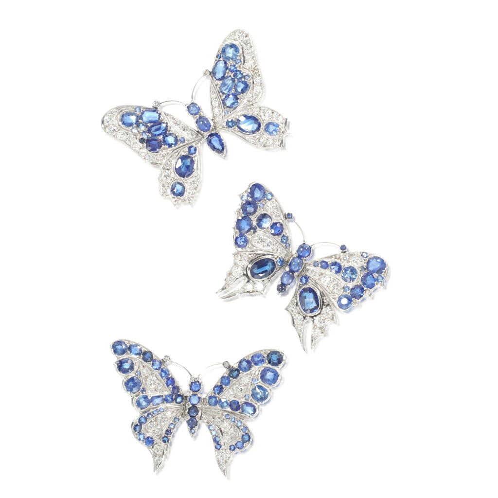 View full screen - View 1 of Lot 503. Three sapphire and diamond brooches.