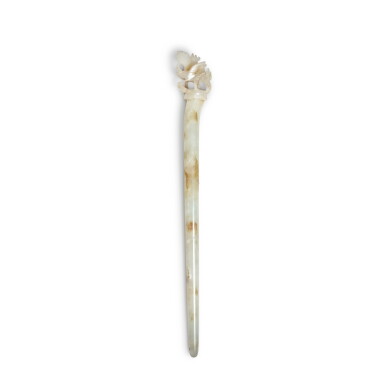 View full screen - View 1 of Lot 35. A pale celadon and russet jade 'phoenix' hairpin, Yuan / Ming dynasty.