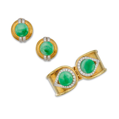 View full screen - View 1 of Lot 457. Gold, Jade and Diamond Cuff-Bracelet and Pair of Earclips.