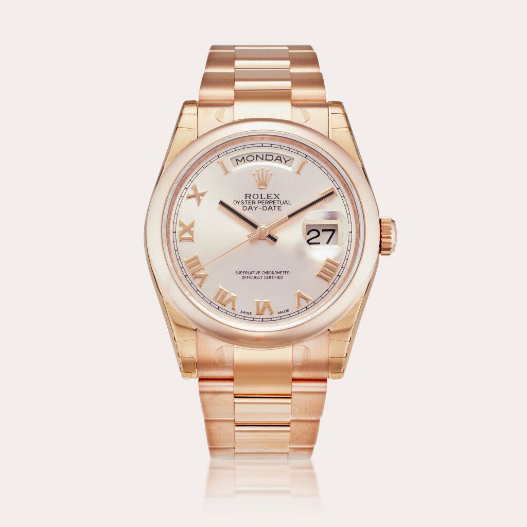 View full screen - View 1 of Lot 370. Reference 118205 Day-Date | A pink gold automatic wristwatch with day, date, and bracelet, Circa 2016.