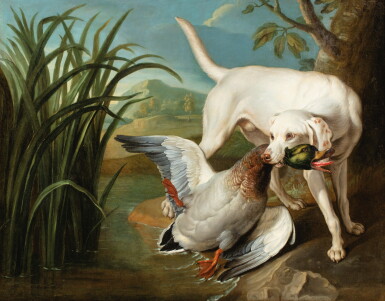 View full screen - View 1 of Lot 35. STUDIO OF JEAN-BAPTISTE OUDRY | DOG CATCHING A MALLART | ATELIER DE JEAN-BAPTISTE OUDRY | CHIEN ATTRAPANT UN COLVERT.