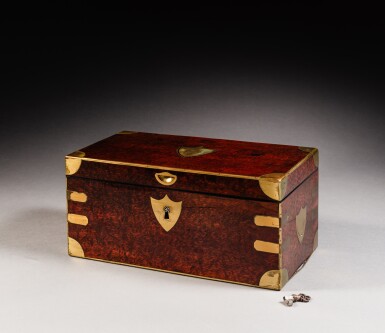 View full screen - View 1 of Lot 104. A burl walnut and gilt-brass tea chest, bearing the coat-of-arms of Napoleon I, by Martin-Guillaume Biennais, Paris, circa 1800.