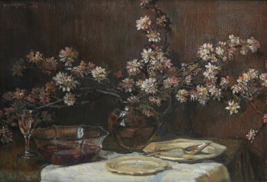 View full screen - View 1 of Lot 772. Willem Gerard Hofker 威廉·傑拉德·賀夫卡 | Blossoms and a bowl of apricots in brandy 花朵和一碗杏子浸在白蘭地裡.