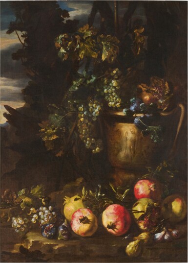 View full screen - View 1 of Lot 30. Still life with pomegranates, bunches of grapes, figs, and a carved stone urn in a forest landscape.