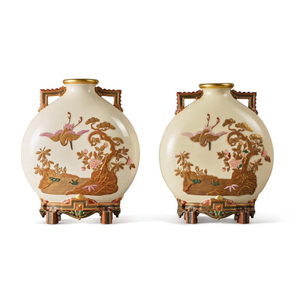 View full screen - View 1 of Lot 420. A Pair of Royal Worcester Ivory-Ground Moon Flasks, Circa 1874.
